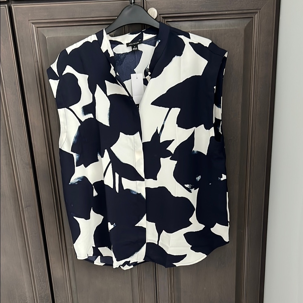Ann Taylor Blue and White Button Down Shirt with Notched Collar